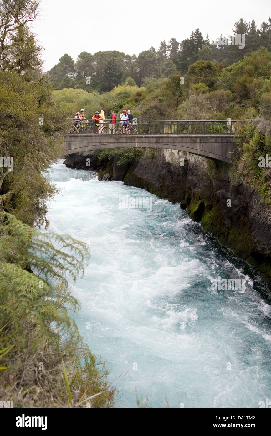 Just outside the town of Taupo, the rushing Waikato River forms the famous Huka Falls, New Zealand. Stock Photo