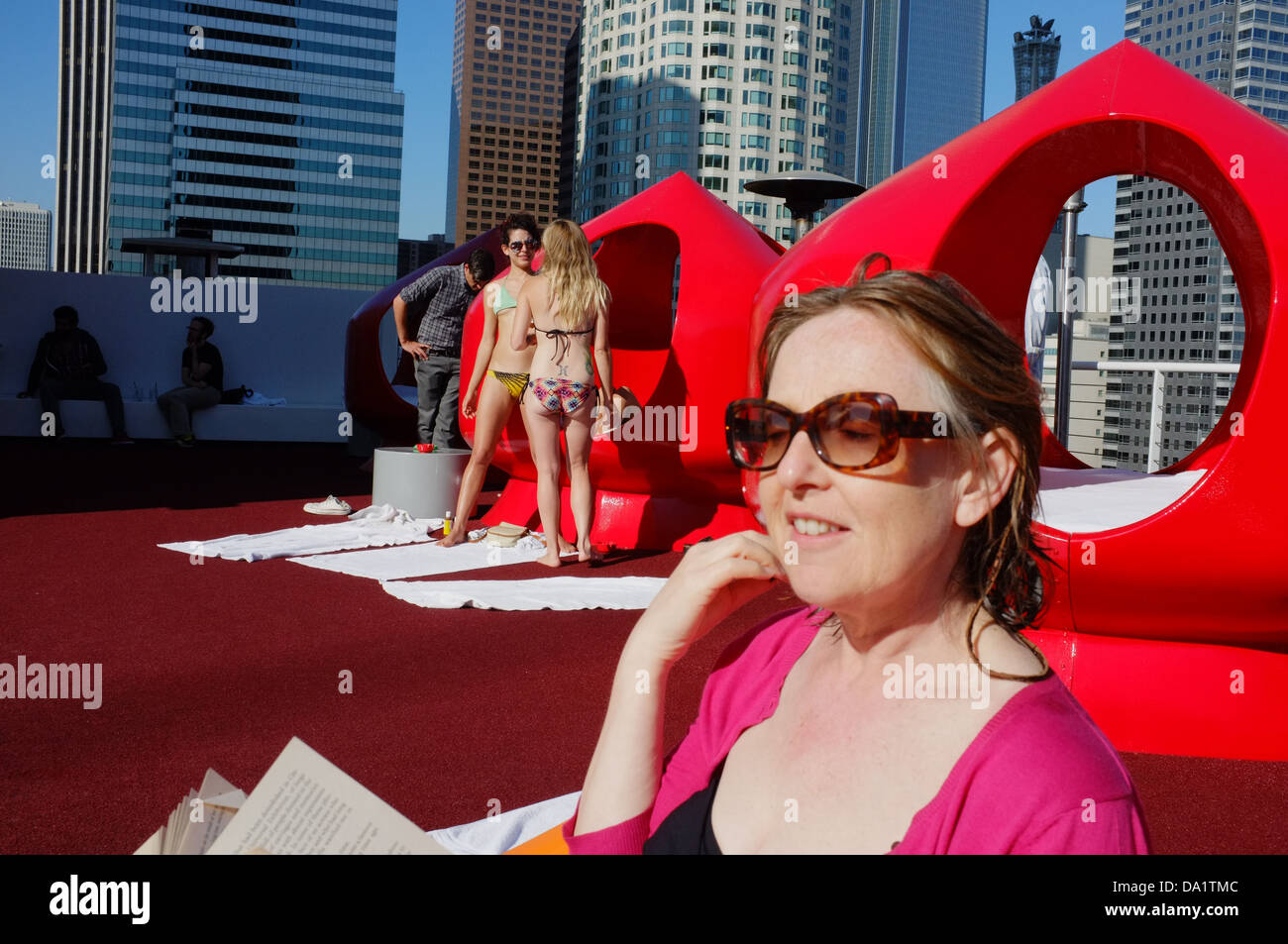The roof terrace with waterbed pods at the Standard Hotel Downtown LA Stock Photo