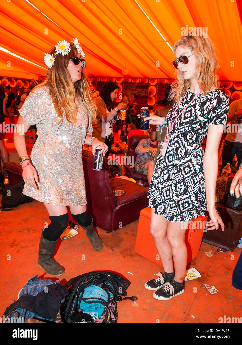 Dancing at lunchtime in the orange tent of the Beat Hotel. The 2013 Glastonbury Festival, Worthy Farm, Glastonbury. 30 June 2013 Stock Photo