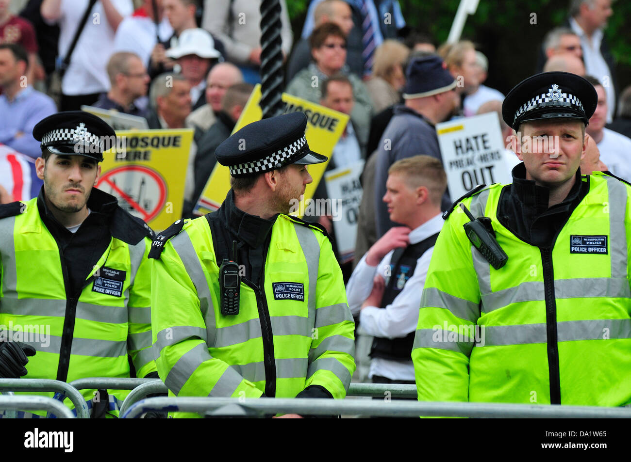 Police at English Defence League march and counter demonstration in central London, 2013 Stock Photo