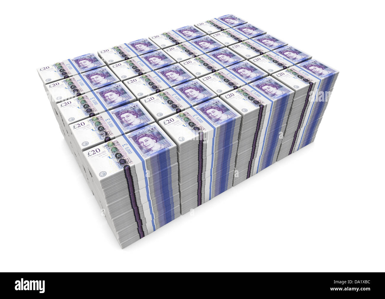 MONEY 1 Million Pounds Sterling Stacked in £20 Notes - White Background Wealth Concept Stock Photo