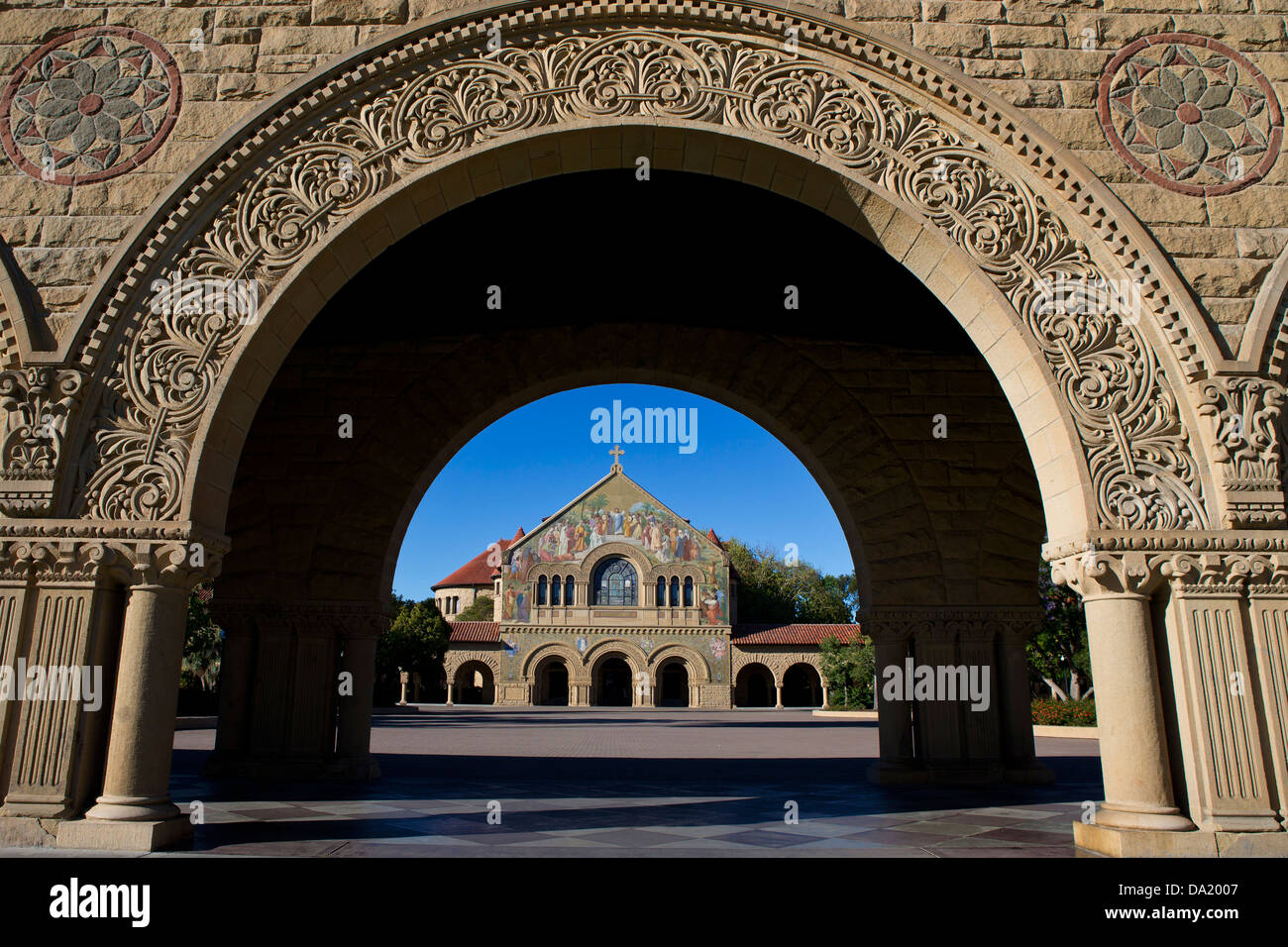 Memorial Church, viewed through an arch on the main quad, Stanford University, Stanford, California, United States of America Stock Photo