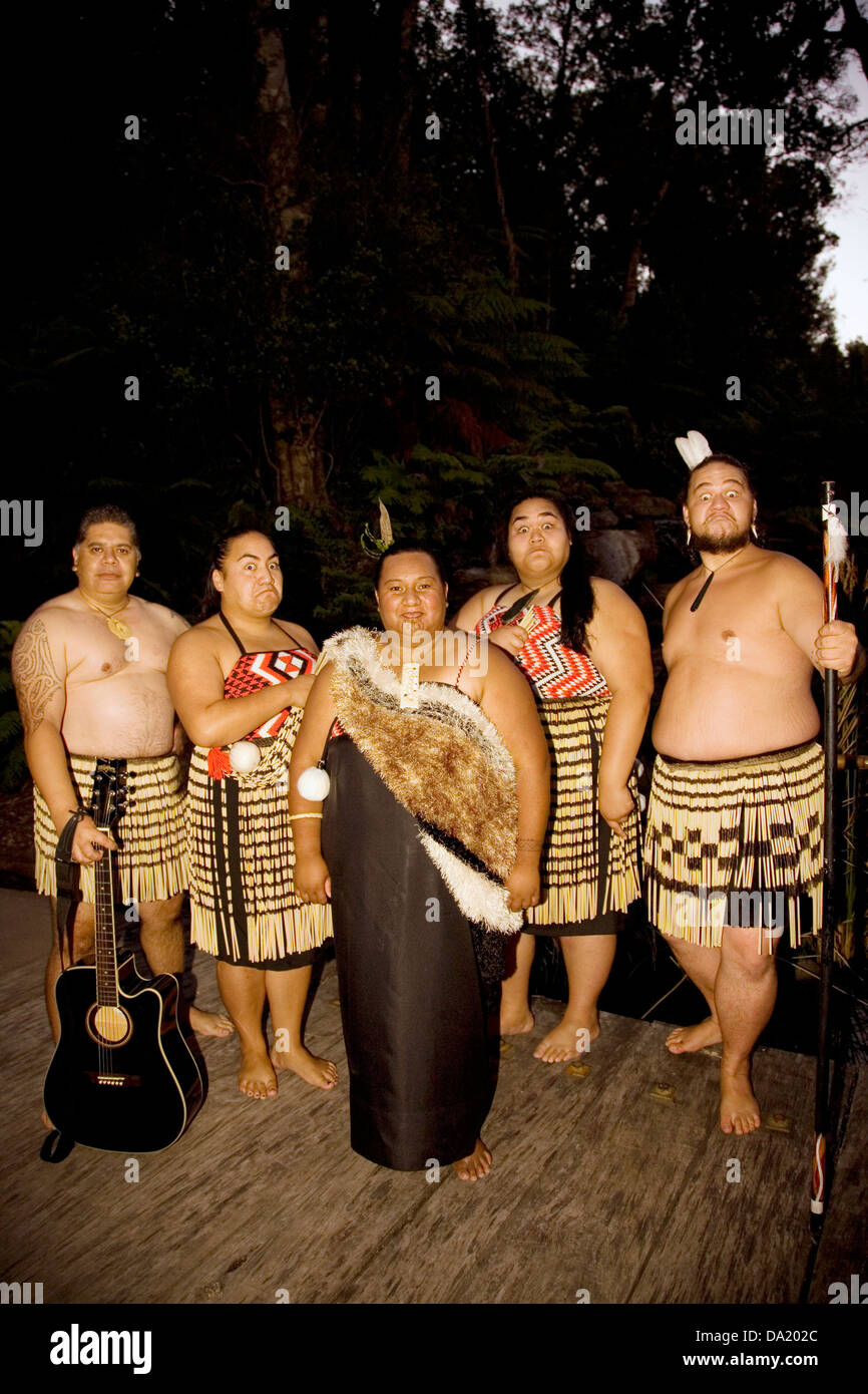 A Maori performance entertains guests at Treetops Lodge near Rotorua, New Zealand. Stock Photo