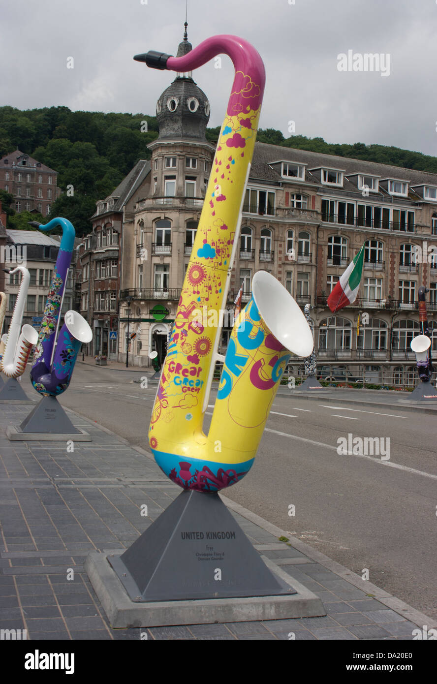 Colourful saxophone sculptures on Charles de Gaulle Bridge, Dinant, Belgium Stock Photo