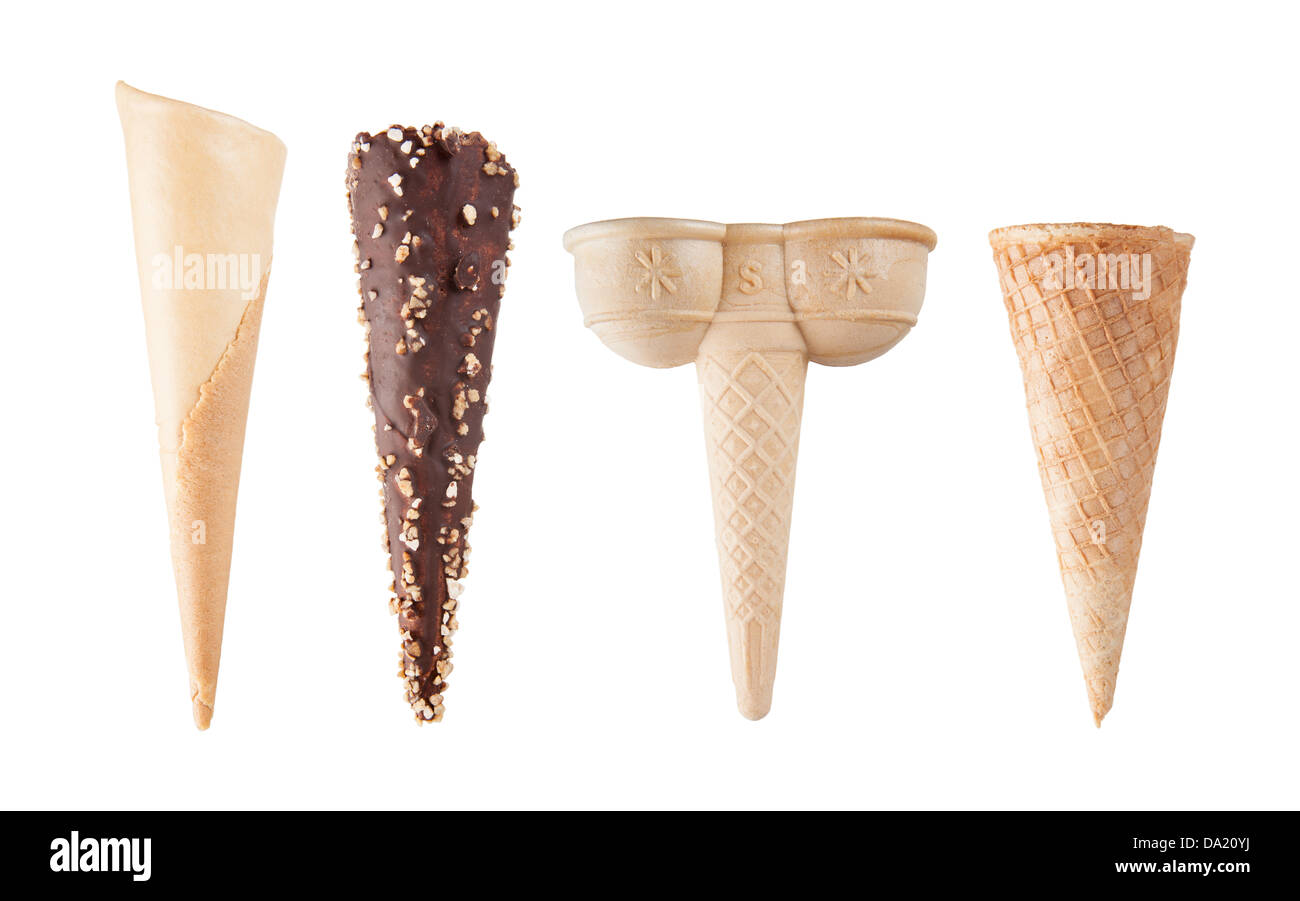 Four different empty ice-cream cones isolated on white including: double cone, traditional cone and chocolate and almond cone Stock Photo