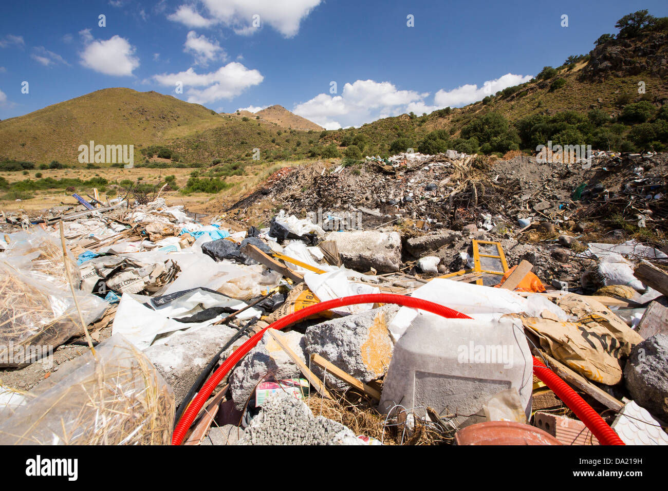Illegally dumped rubbish in Skala Eresou, Lesvos, Greece. Stock Photo