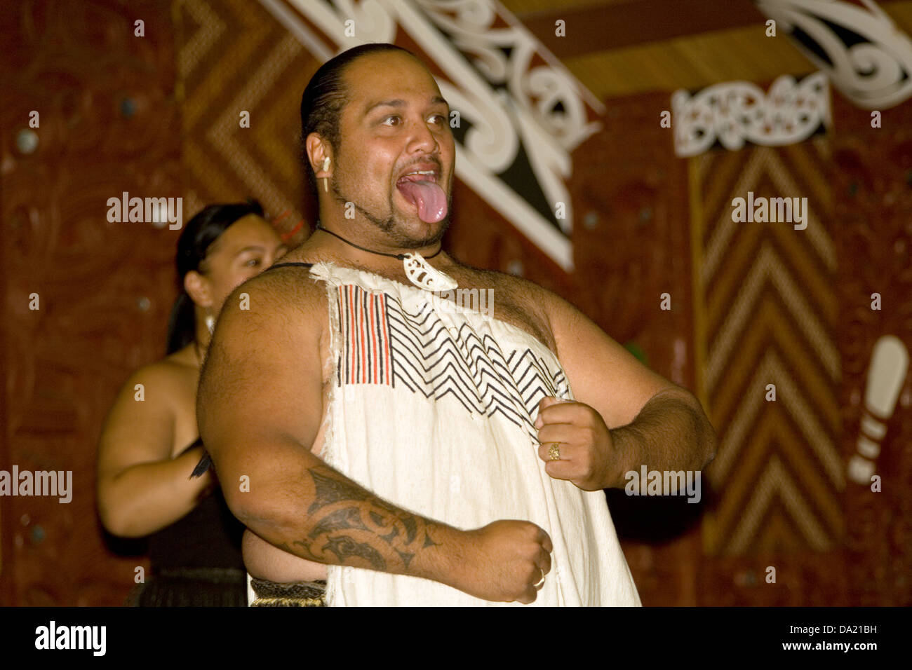 Entertainers, in Rotowhio Marae, at Te Puia, Rotorua, New Zealand. Stock Photo