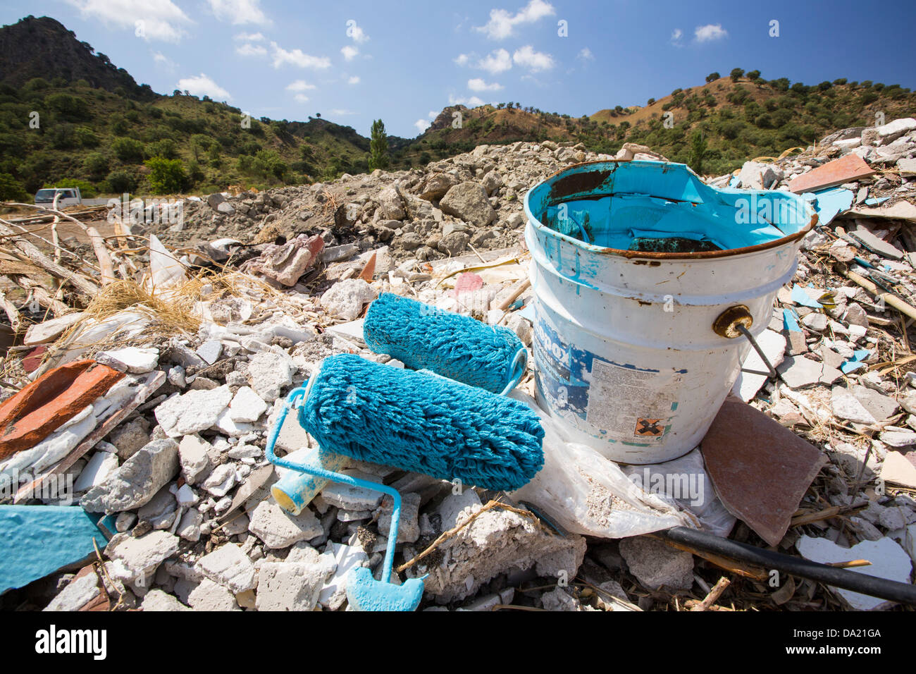 Illegally dumped rubbish in Skala Eresou, Lesvos, Greece. Stock Photo