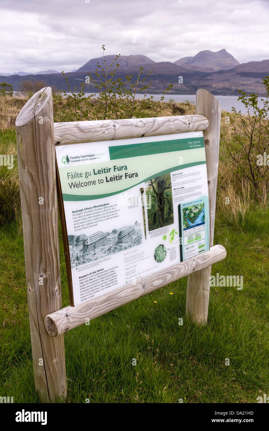 Forestry Commission sign, Leitir Fura, Kinloch forest, with mountains of the Scottish Highlands beyond, Isle of Skye, UK. Stock Photo