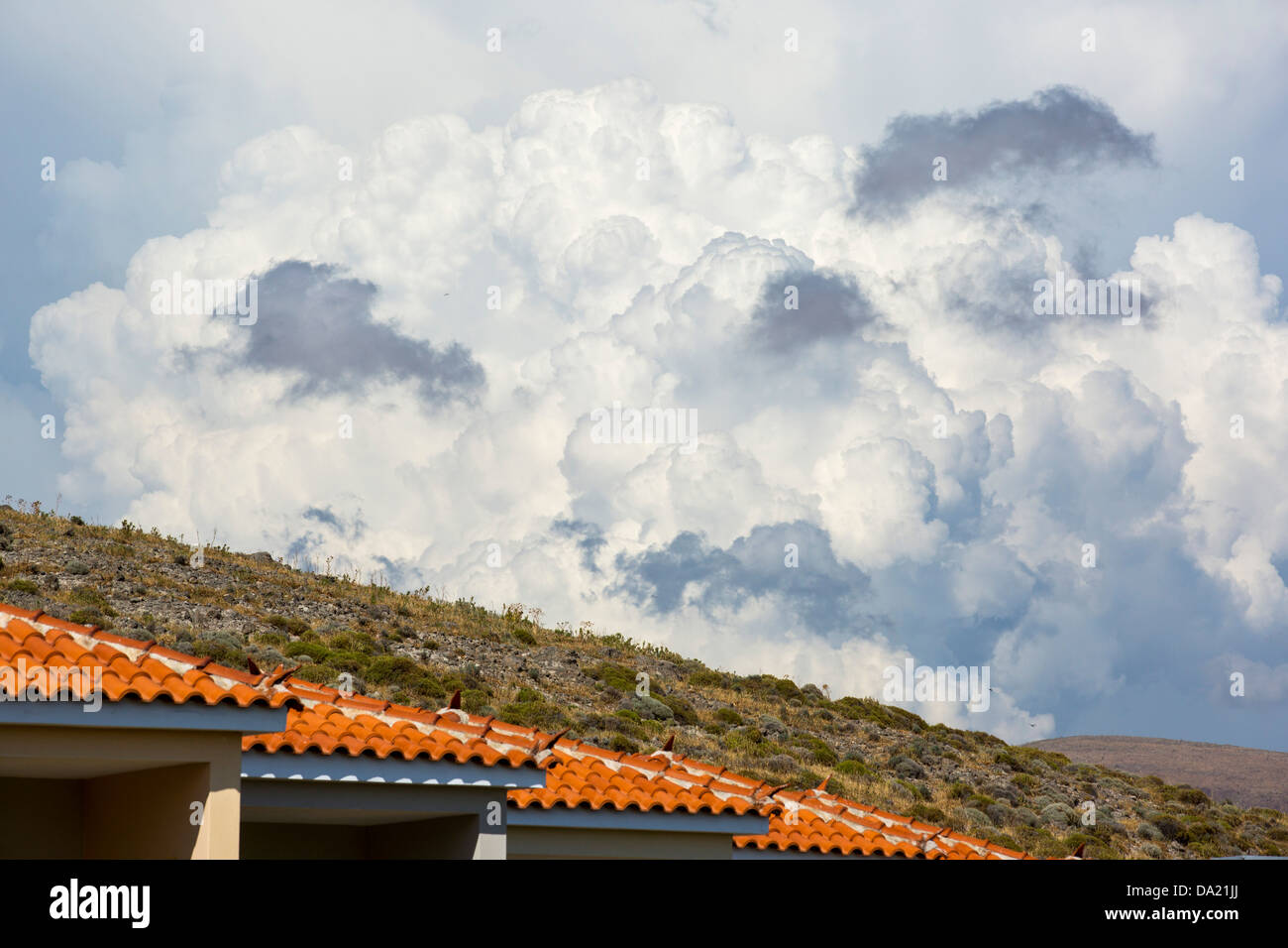 A thunder cell building up in cumulo nimbus clouds over Skala Eresou on Lesvos, Greece. Stock Photo