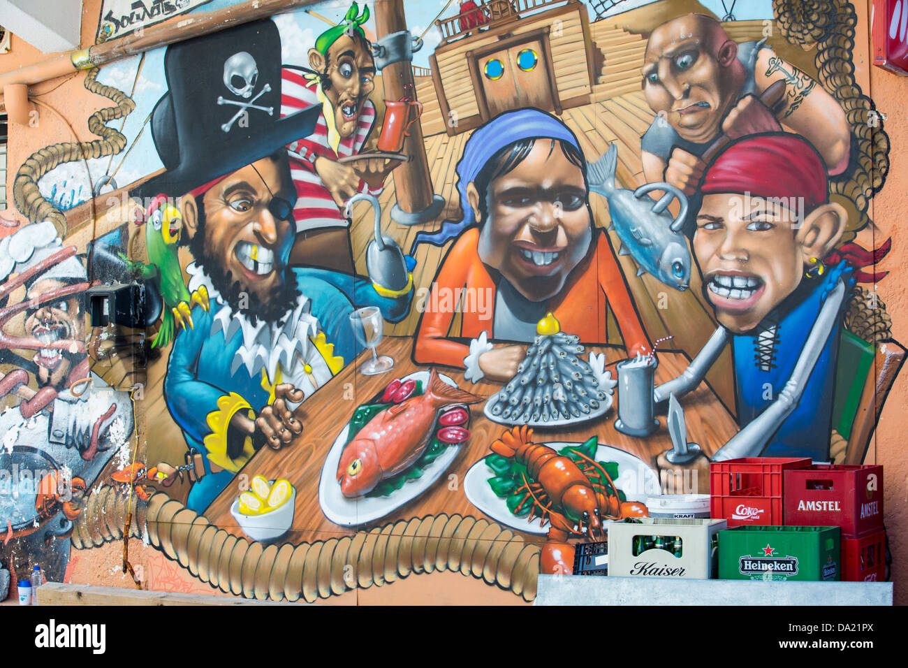 A pirate mural on a restaurant wall in Skala Eresou on Lesvos, Greece. Stock Photo