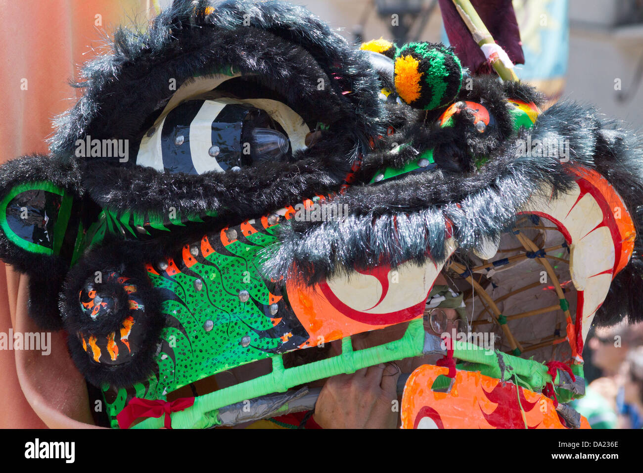Closeup of head of Chinese dragon in summer solstice parade in Santa