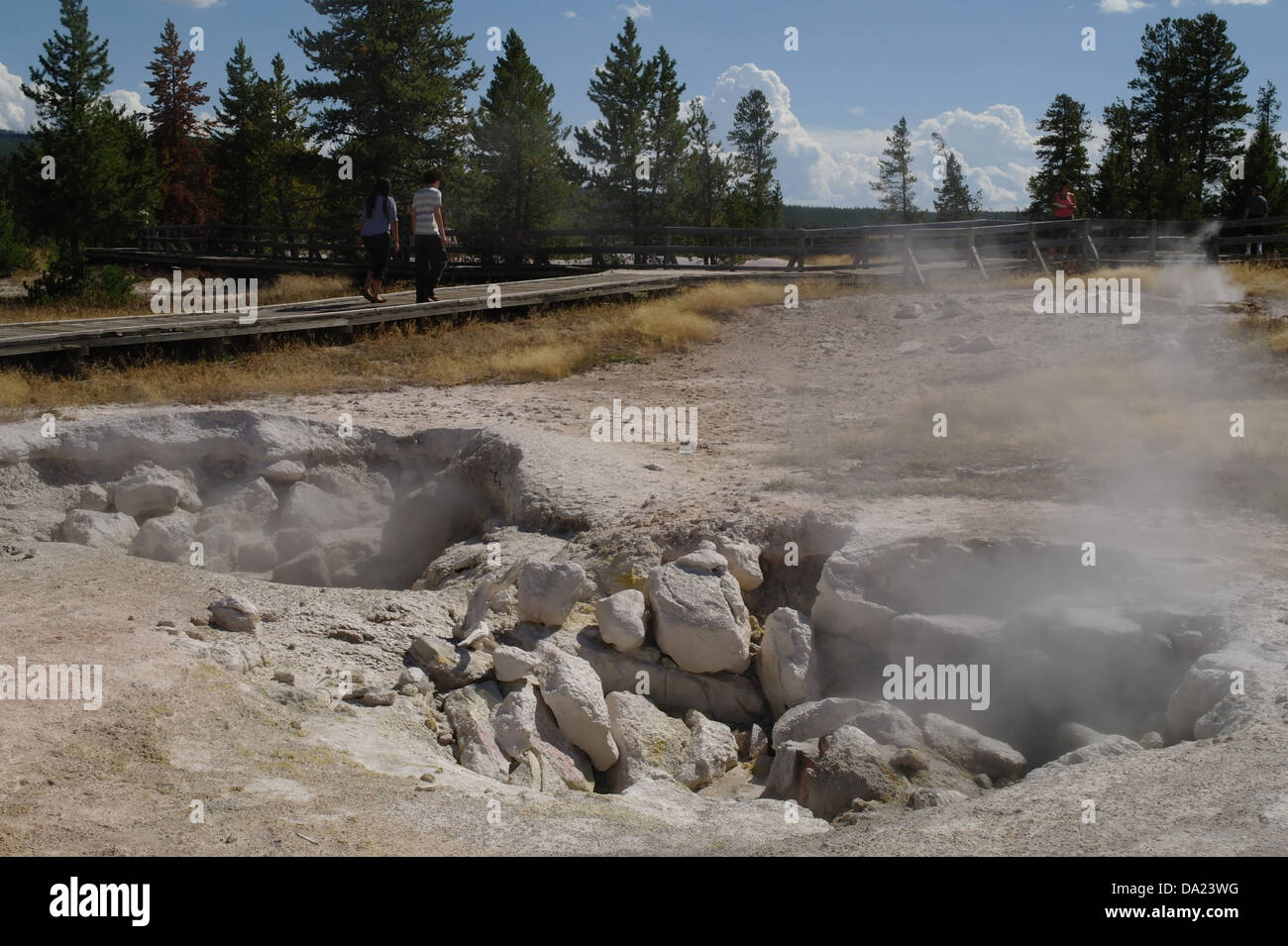 Blue sky view, to pine trees and boardwalk tourists, steam rising Red Spouter fumarole vents, Lower Geyser Basin, Yellowstone Stock Photo