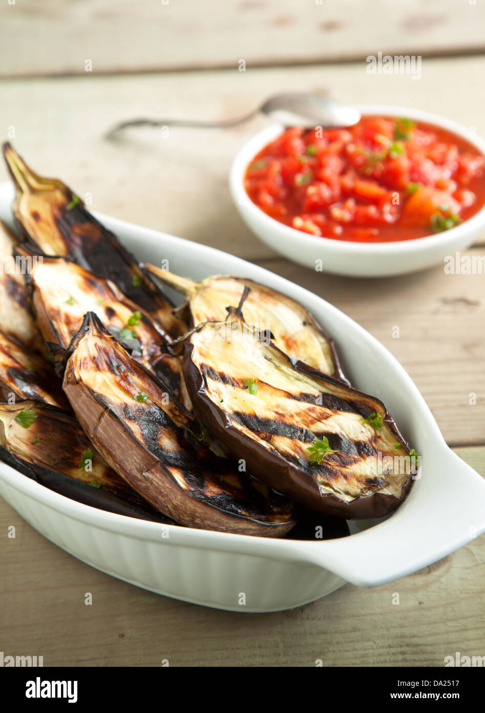 Dish eggplant grilled seasoned with olive oil hires stock photography
