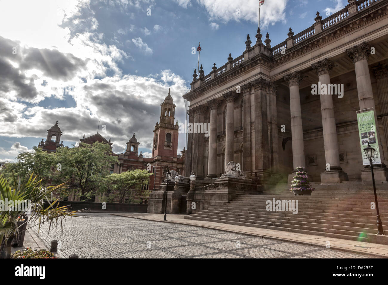 Leeds Town Hall with backlit clouds on a bright day Stock Photo