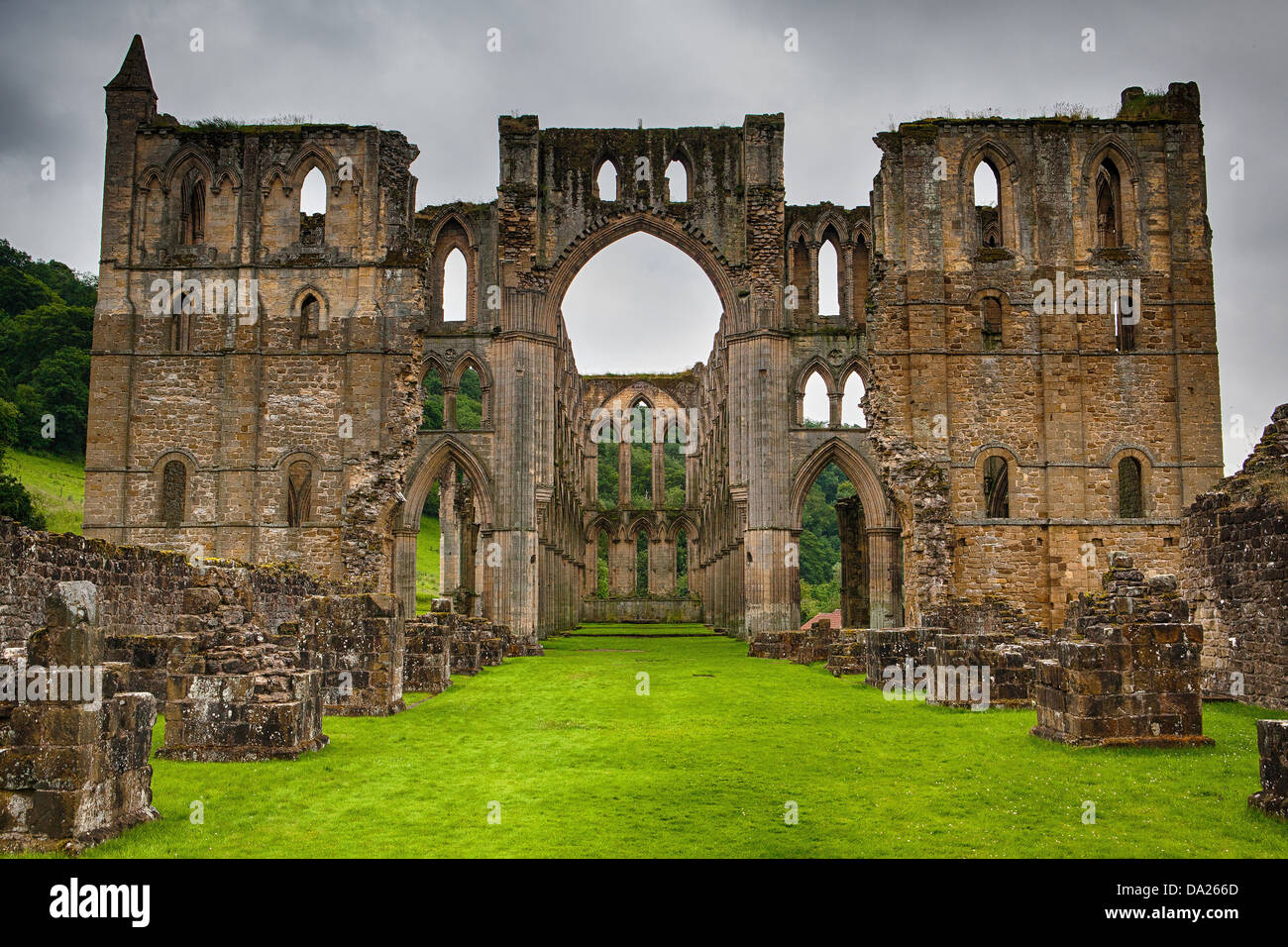 Scenic view of ruins of Rievaulx Abbey under cloudscape, North Yorkshire Moors, National Park, England Stock Photo