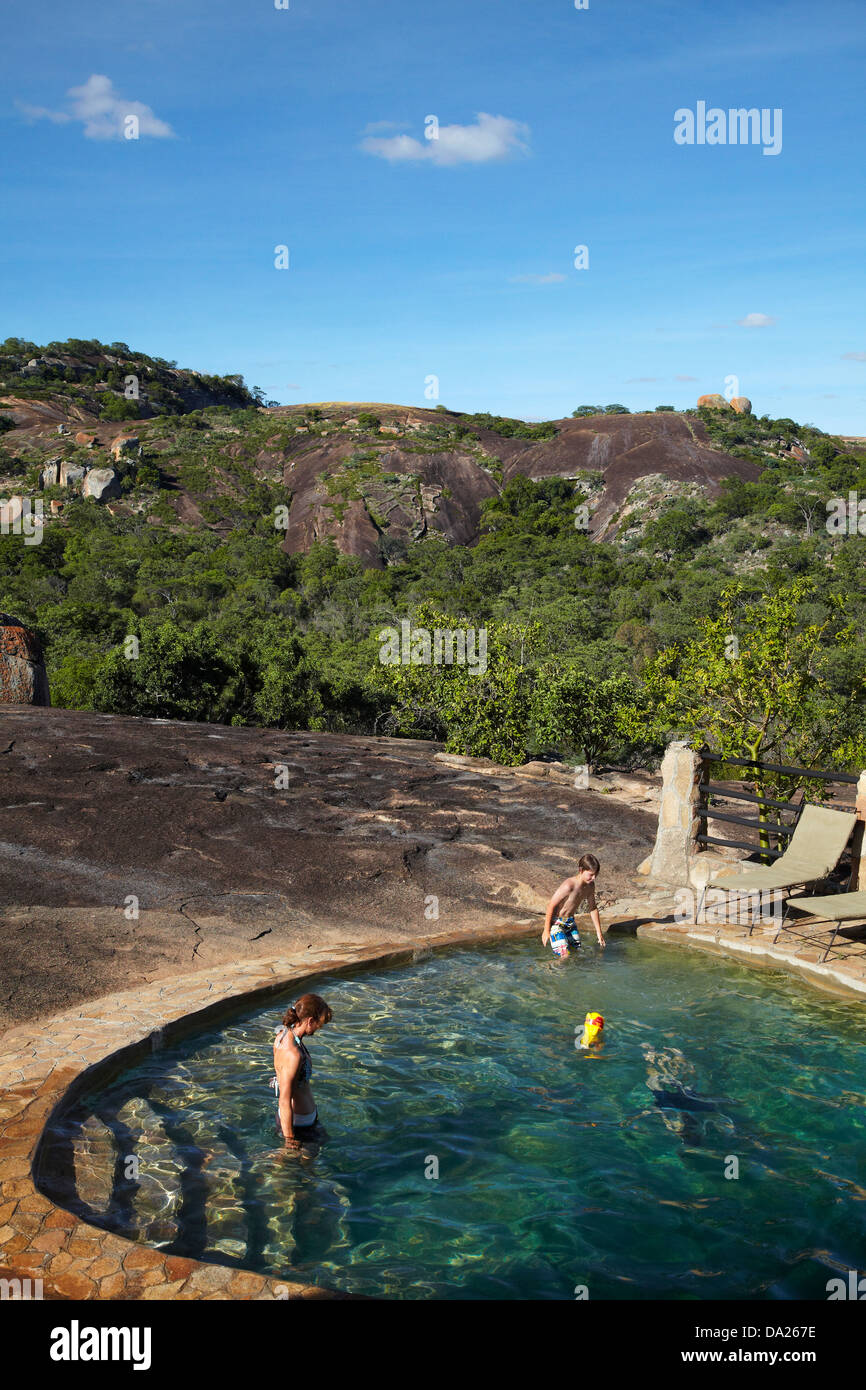 Swimming Pool, Big Cave Camp, Matopos Hills, near Bulawayo, Zimbabwe, Southern Africa Stock Photo