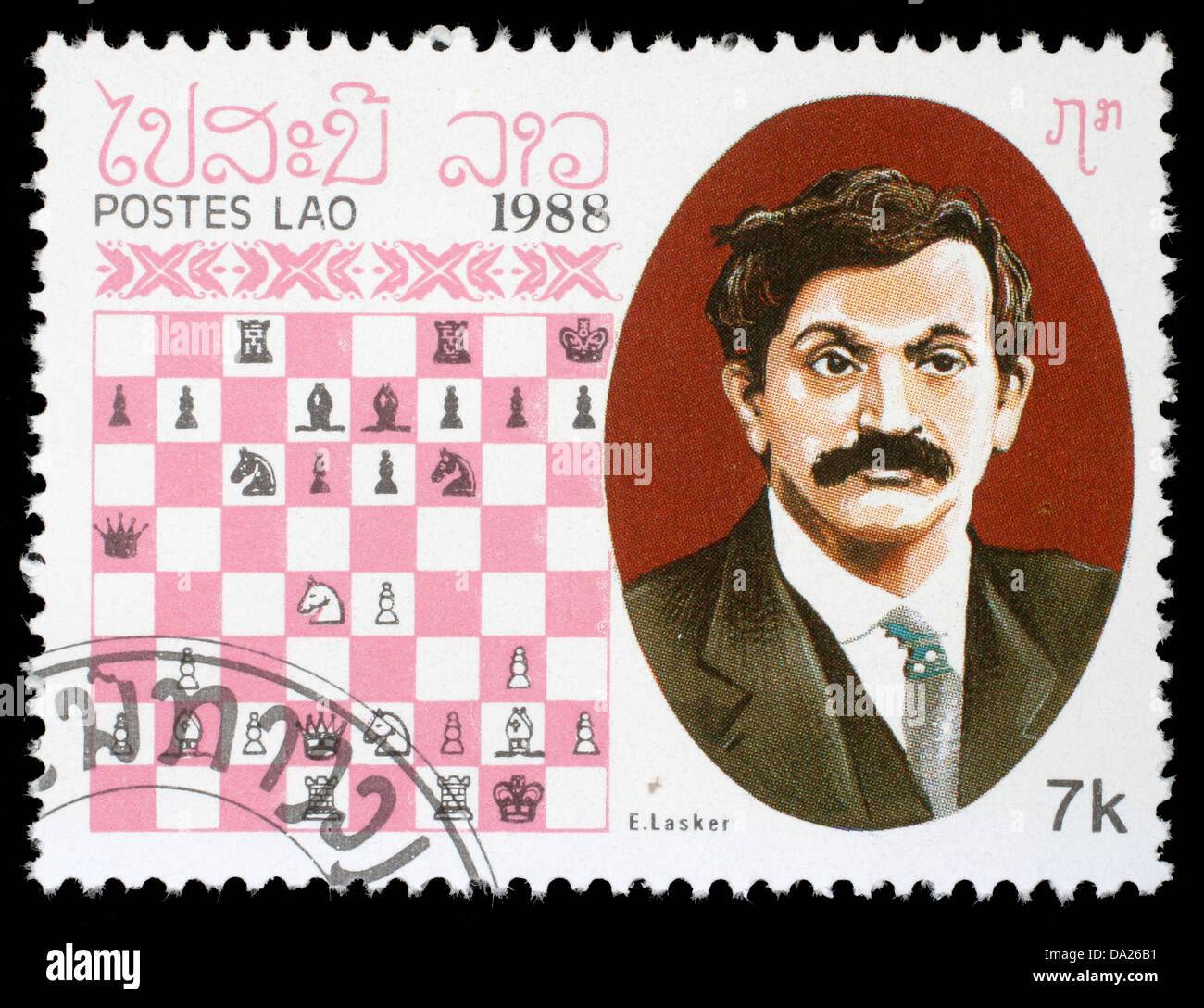 LAOS - CIRCA 1988: A stamp printed in Laos, shows E. Lasker, Chess Champion, circa 1988 Stock Photo