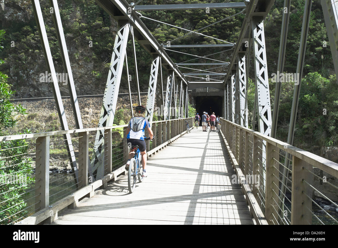 dh  KARANGAHAKE GORGE NEW ZEALAND Woman riding bicycle on footpath bridge cycling cyclist north island Stock Photo