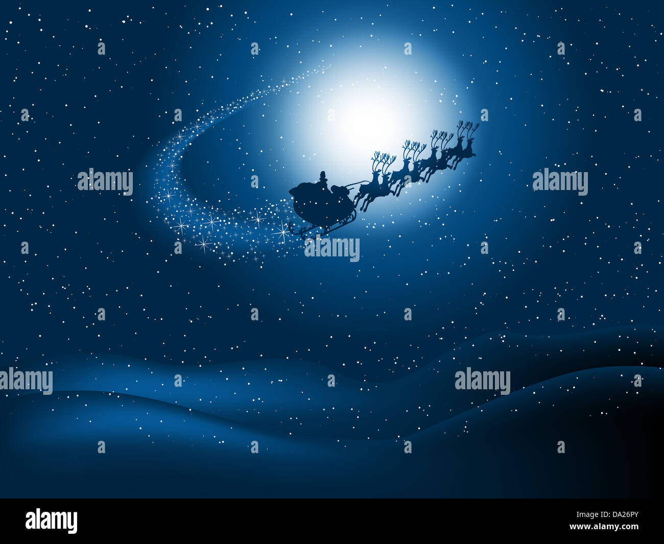 Silhouette of santa flying through the snowy night sky with starry trail Stock Photo