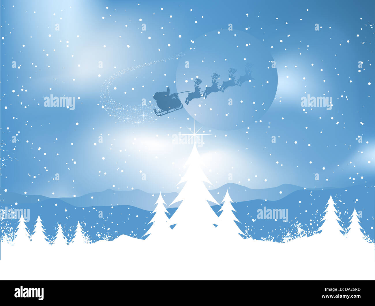 Silhouette of santa flying through the sky over a snowy landscape Stock Photo