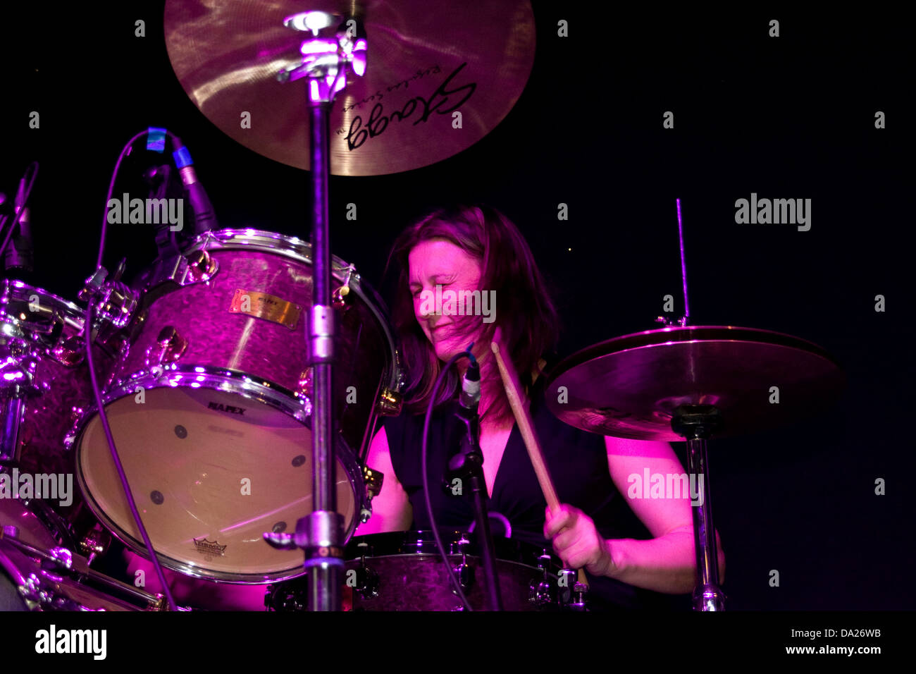 Closeup of Ann Batty Drummer for the After Hours Blues Band in action during the Blues Bonanza in Dundee,UK Stock Photo
