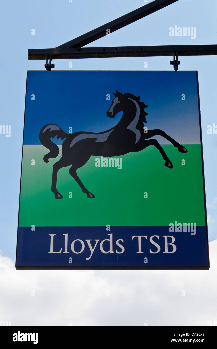 UK high street banking group Lloyds TSB sign above bank with iconic black prancing horse. Stock Photo