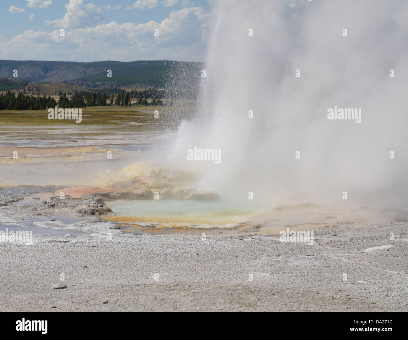 White hot water steam erupting from Clepsydra Geyser, Fountain Group, Lower Geyser basin, Yellowstone, USA Stock Photo