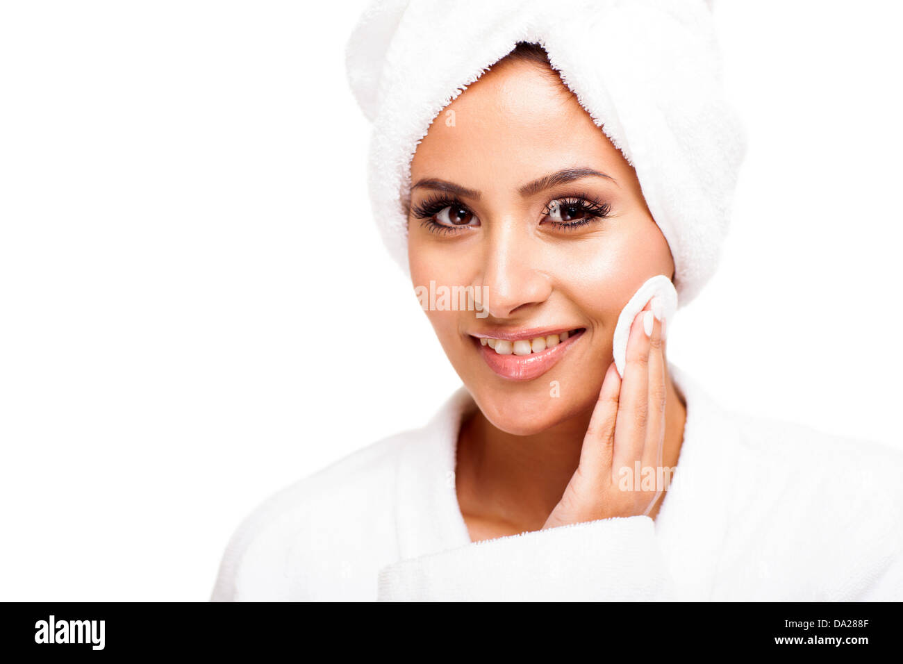 face of young beautiful woman with hygiene cotton pads isolated on white Stock Photo