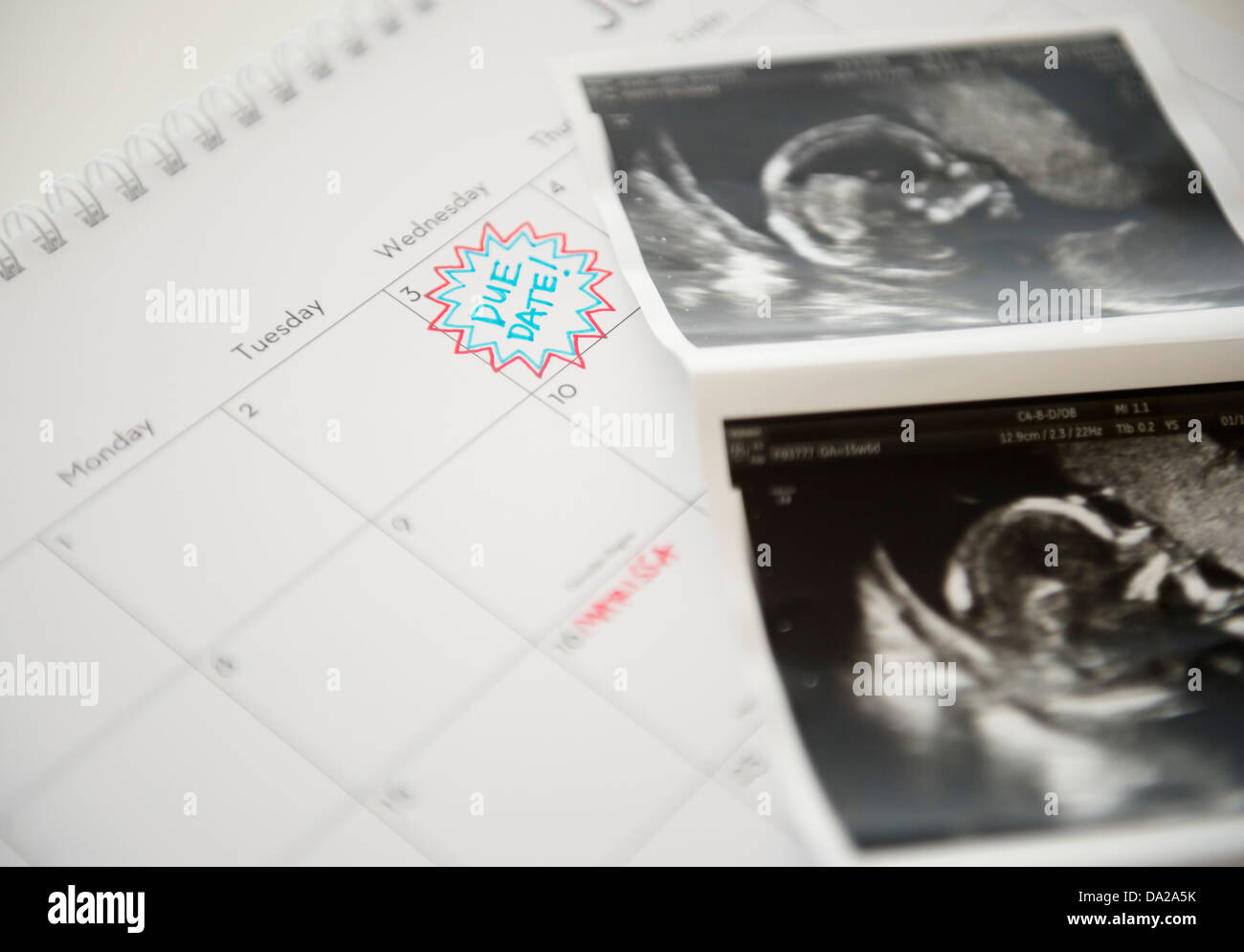 Studio Shot of ultrasound picture lying on calendar Stock Photo