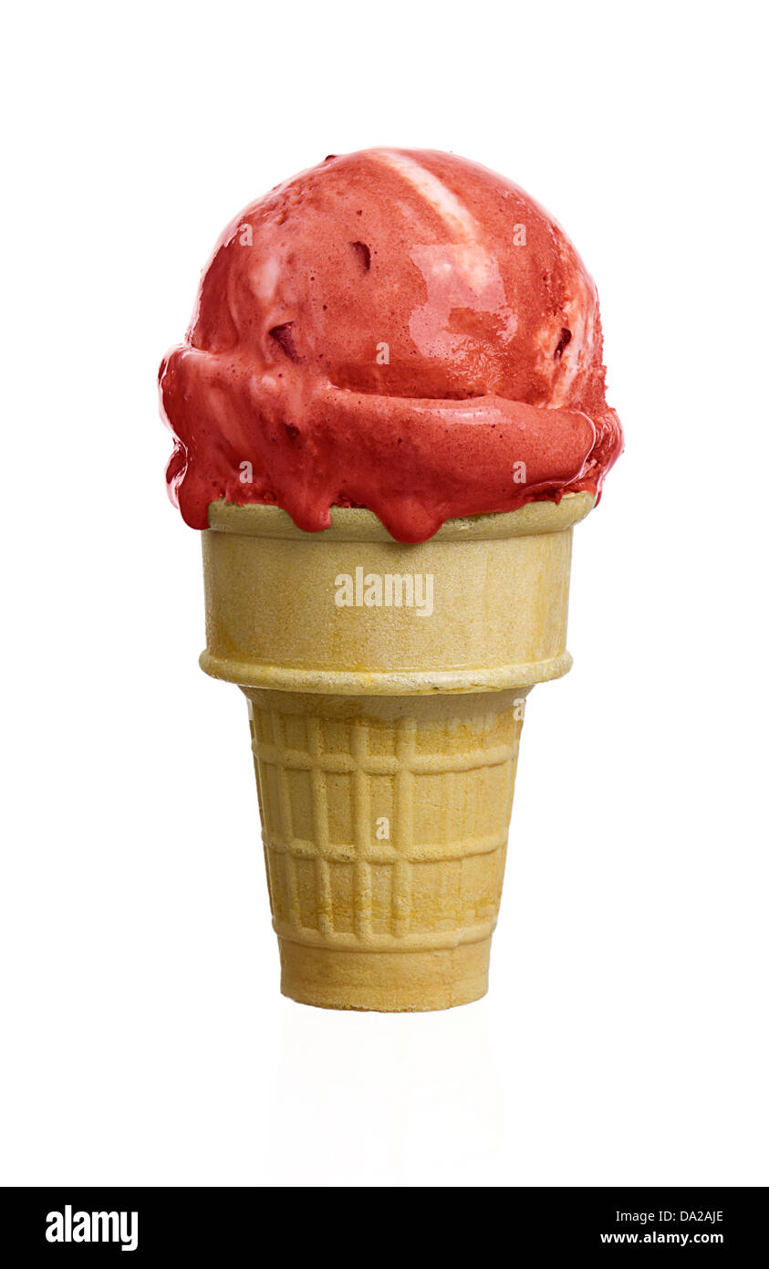Ice cream cone with delicious red strawberry ice cream isolated on white. Stock Photo