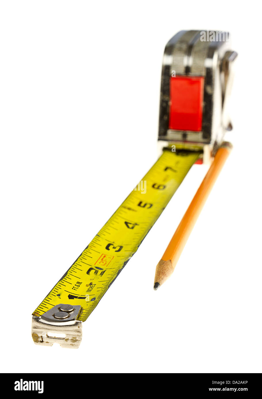Tape measure and pencil isolated on white with copy space Stock Photo