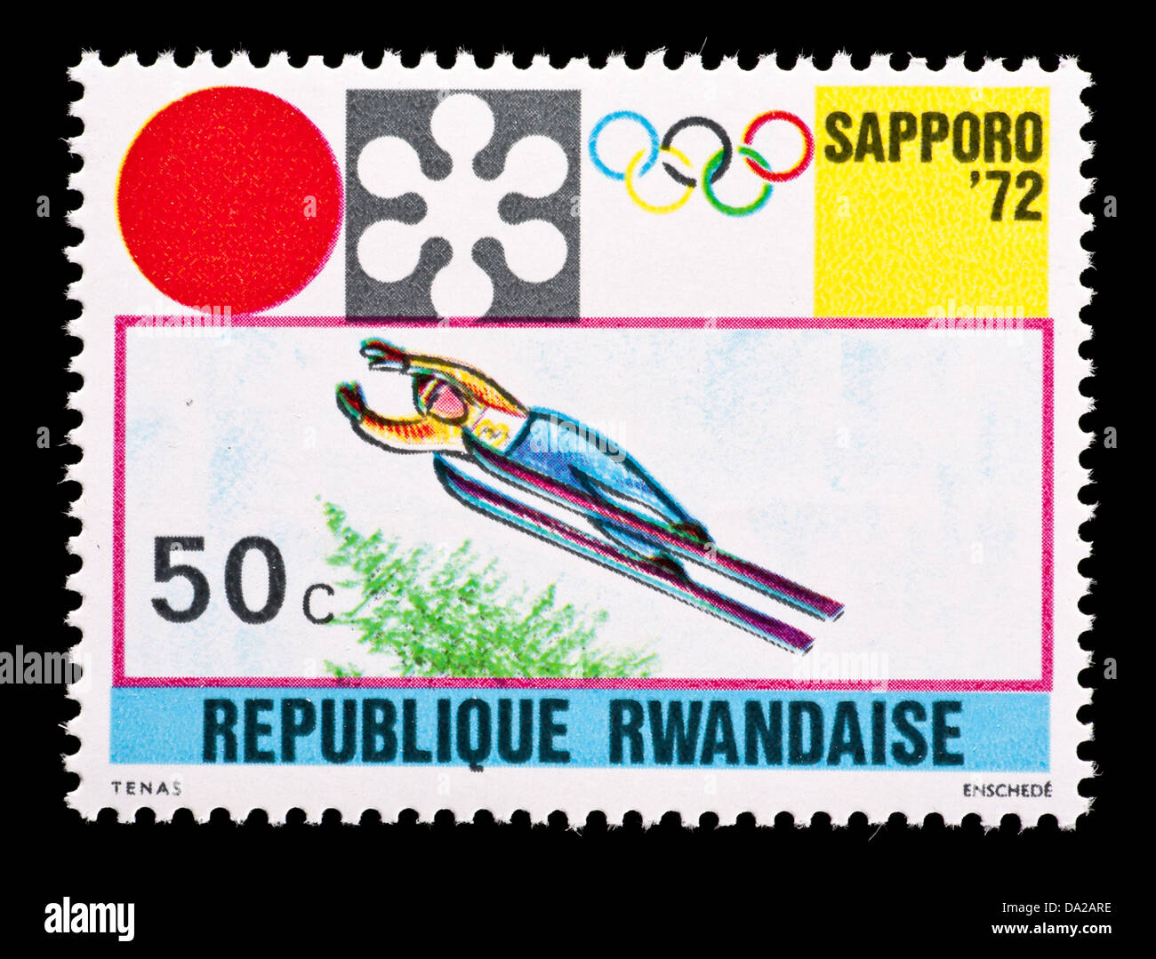 Postage stamp from Rwanda depicting  a ski jumper, issued for the 1972 winter Olympic Games in Sapporo, Japan Stock Photo