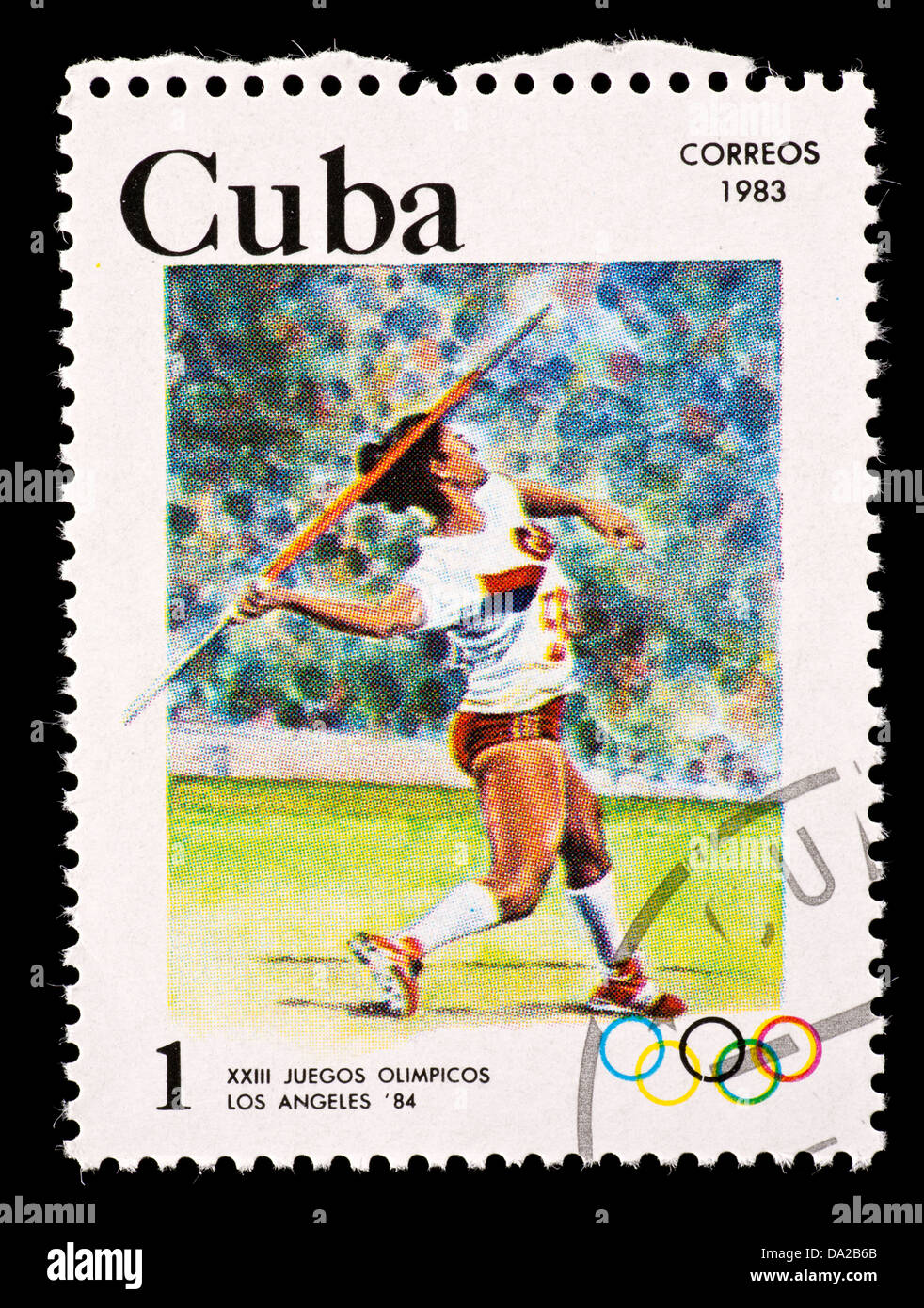 Postage stamp from Cuba depicting a javelin thrower, issued for the 1984 Summer Olympic Games in Los Angeles. Stock Photo