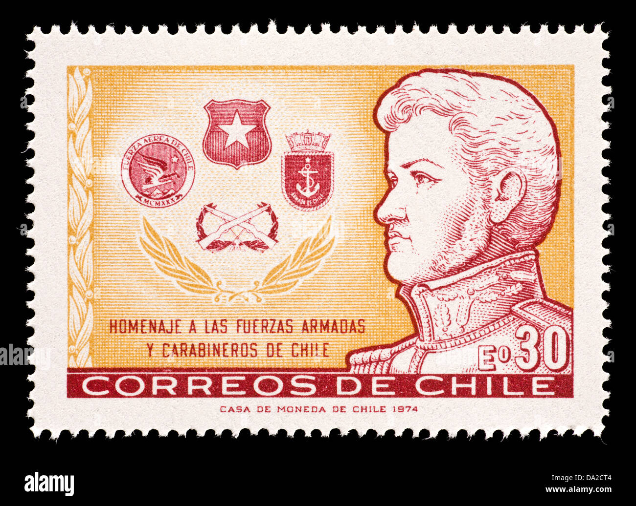 Postage stamp from Chile depicting Bernardo O'Higgins and the emblems of the four armed services. Stock Photo
