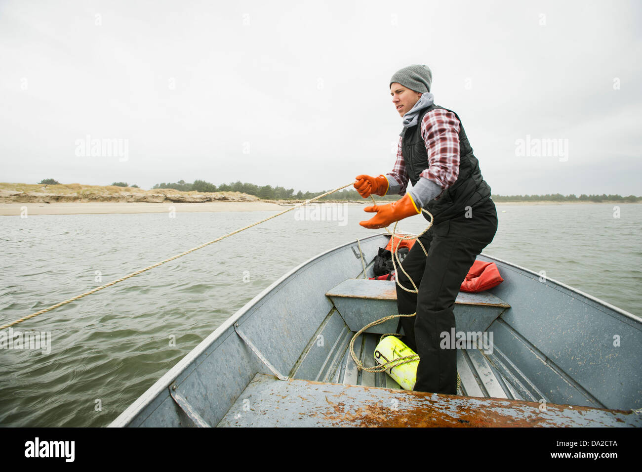 USA, Oregon, Rockaway Beach, Man pulling net full of crabs Stock Photo