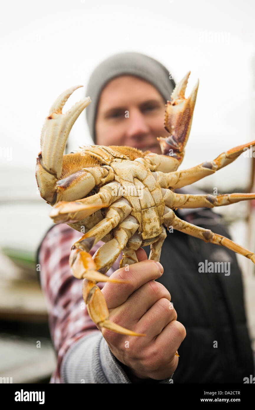 USA, Oregon, Rockaway Beach, Portrait of man showing crab Stock Photo