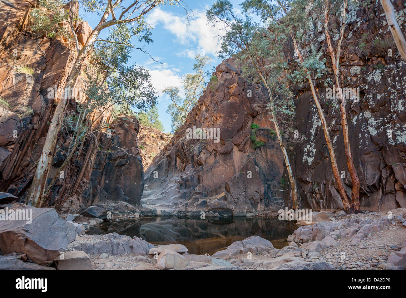 Sacred Canyon in the ruggedly beautiful Flinders Ranges in the Australian outback. A traditional Aboriginal meeting place containing rock carvings a Stock Photo
