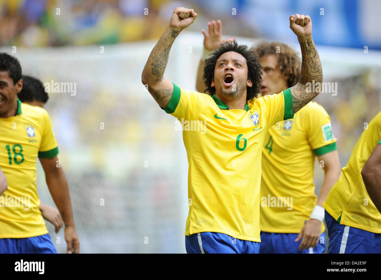 Marcelo (BRA), JUNE 15, 2013 - Football / Soccer : Marcelo of Brazil celebrates the opening goal during the FIFA Confederations Cup Brazil 2013 Group A match between Brazil 3-0 Japan at Estadio Nacional in Brasilia, Brazil. (Photo by Takahisa Hirano/AFLO) Stock Photo
