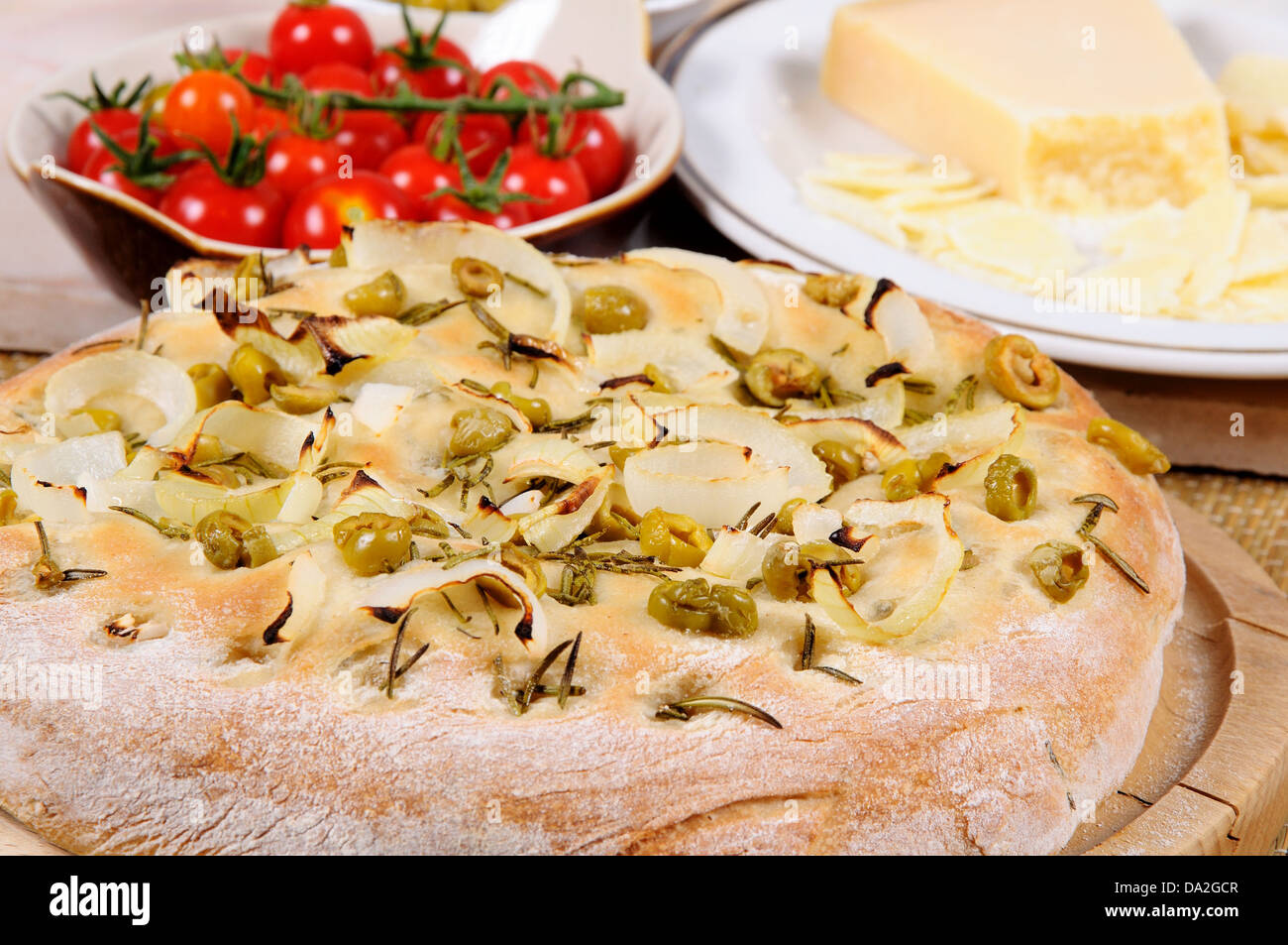 Italian green olive, onion and rosemary Focaccia bread with cherry
