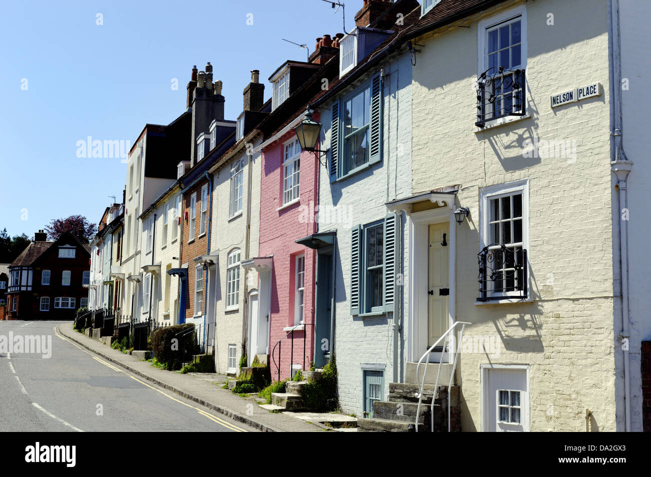 Multi Coloured Terrace Houses, Nelsons Place, Lymington, Hampshire, England, UK, GB. Stock Photo