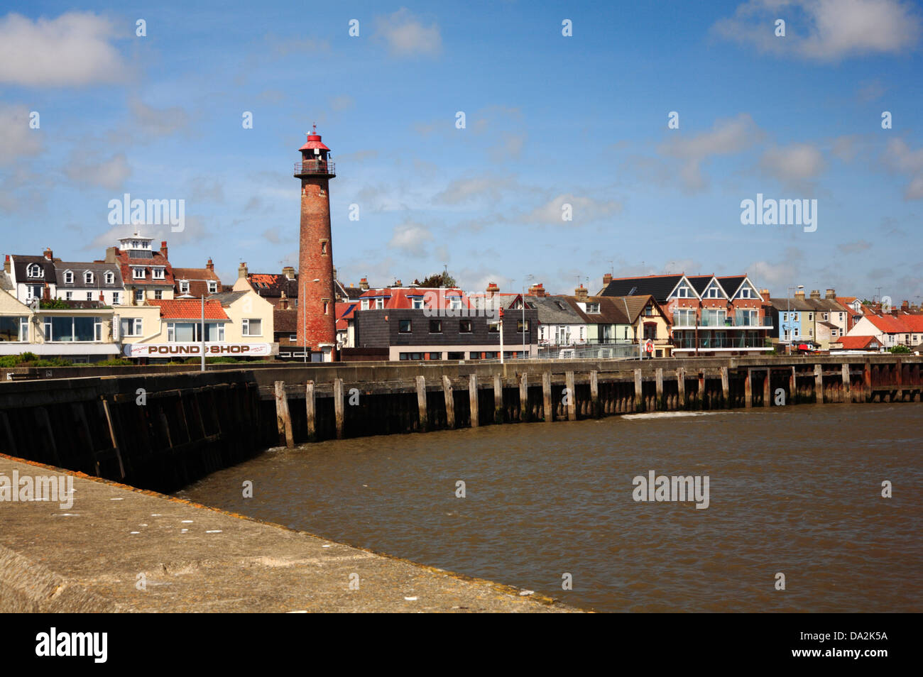 A view of Brush Bend and the lighthouse at Gorleston at the entrance to