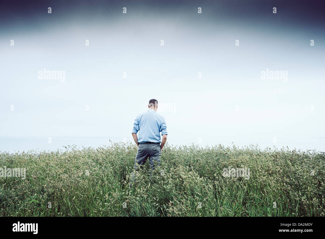 Man in casual dress standing with hands in his pockets in long grasses on a cliff in Newquay Corwall, looks out to sea, thinking Stock Photo