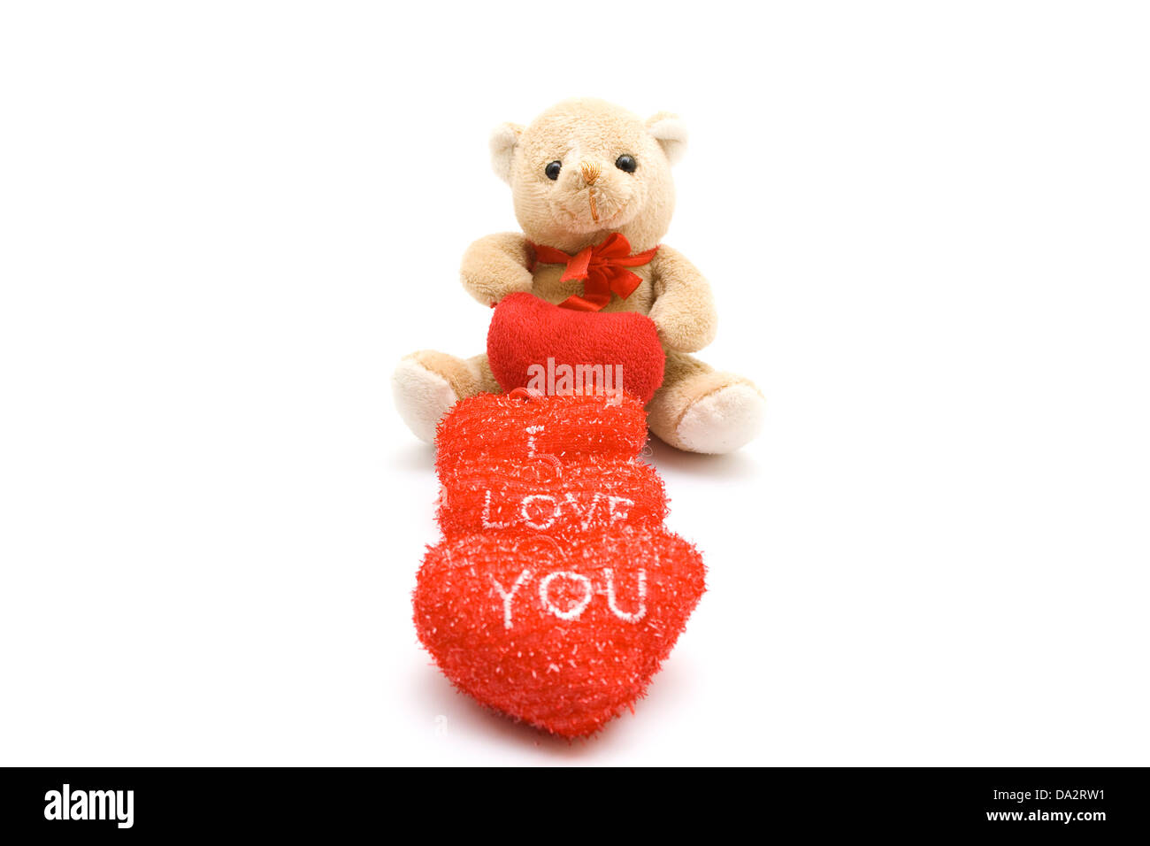Red hearts with Teddy bear on white background Stock Photo - Alamy