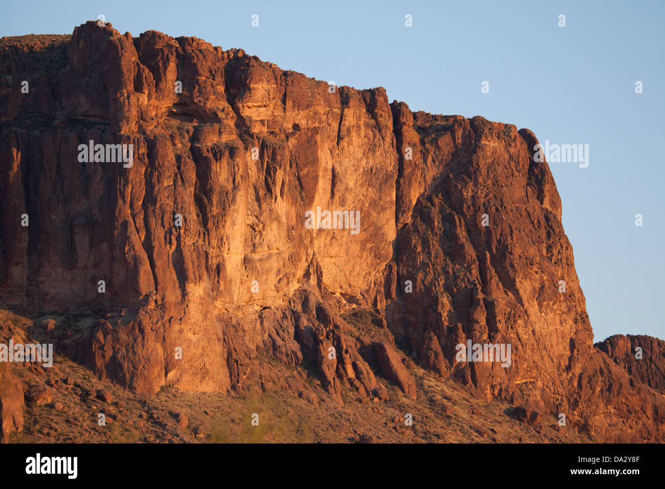 Cliffs in the Superstition Mountains as seen from Lost Dutchman State Park in Apache Junction, Arizona. Stock Photo