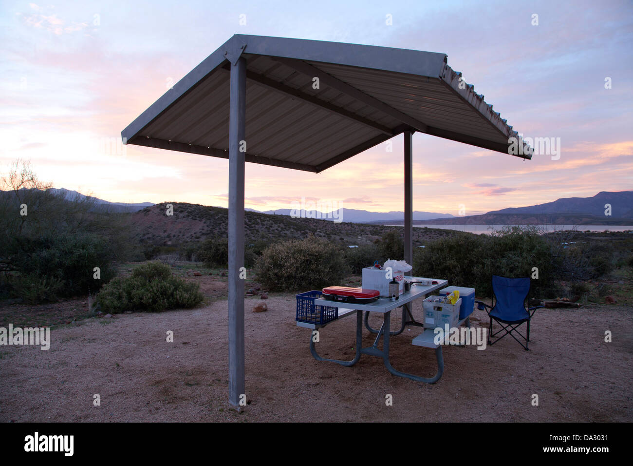 Campground in the Tonto National Forest adjacent Roosevelt Lake in central Arizona. Stock Photo
