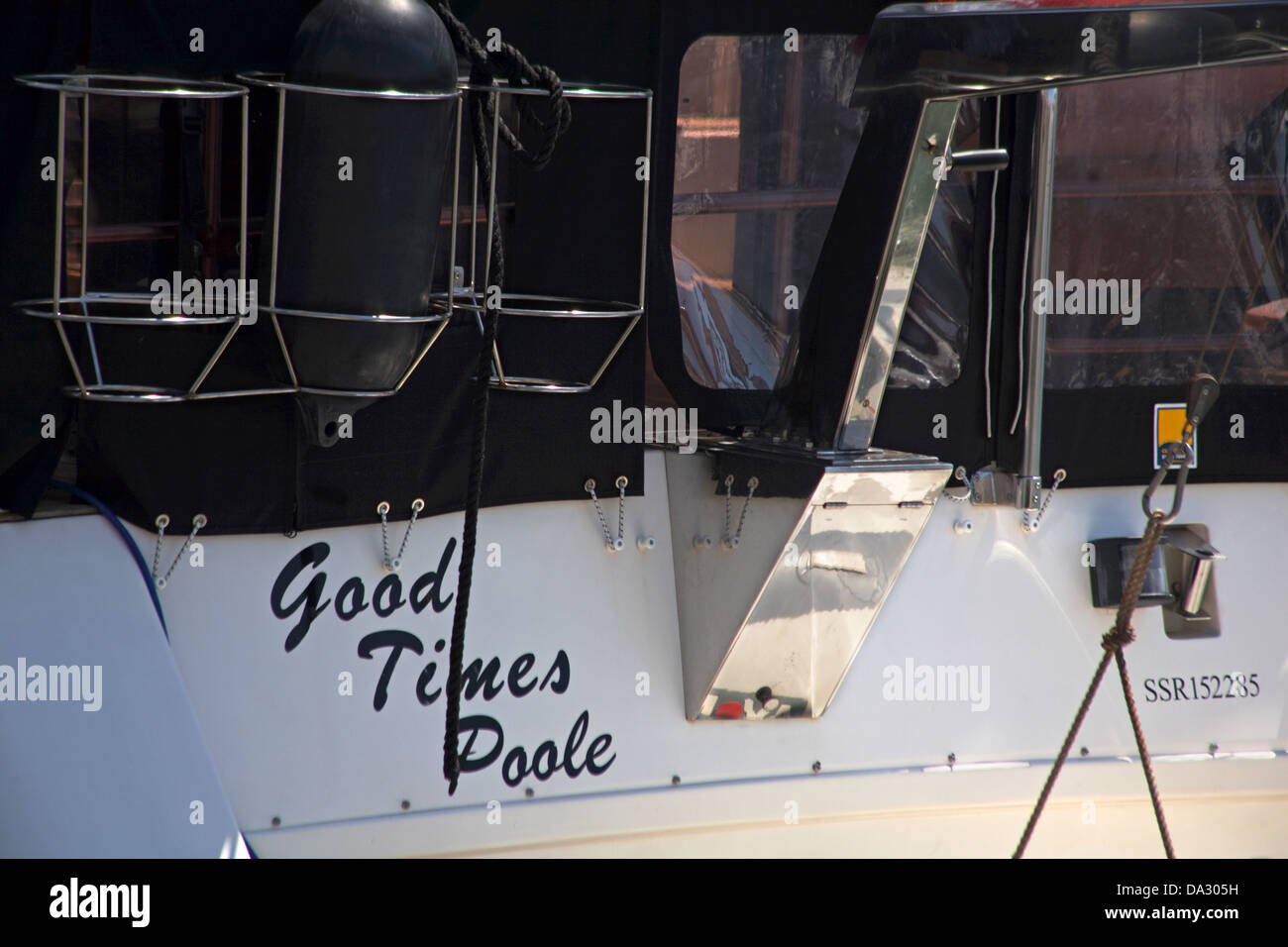Good Times Poole - boat moored at Poole Harbour in June Stock Photo