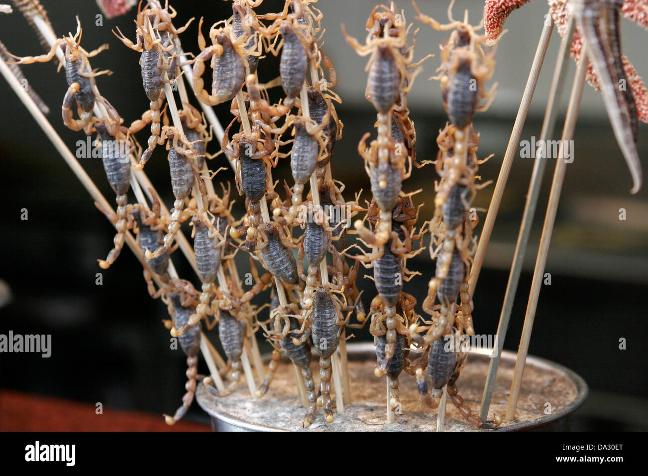 Closeup of raw scorpions on sale as snack, Wangfujing  street, Beijing, China Stock Photo