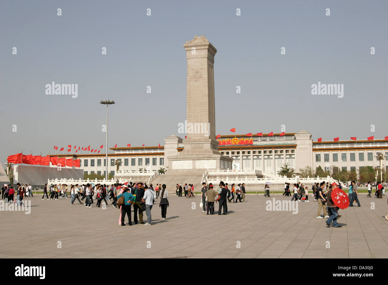 Tiananmen Square with red flags on the Labor Day 1st of May, Beijing Stock Photo