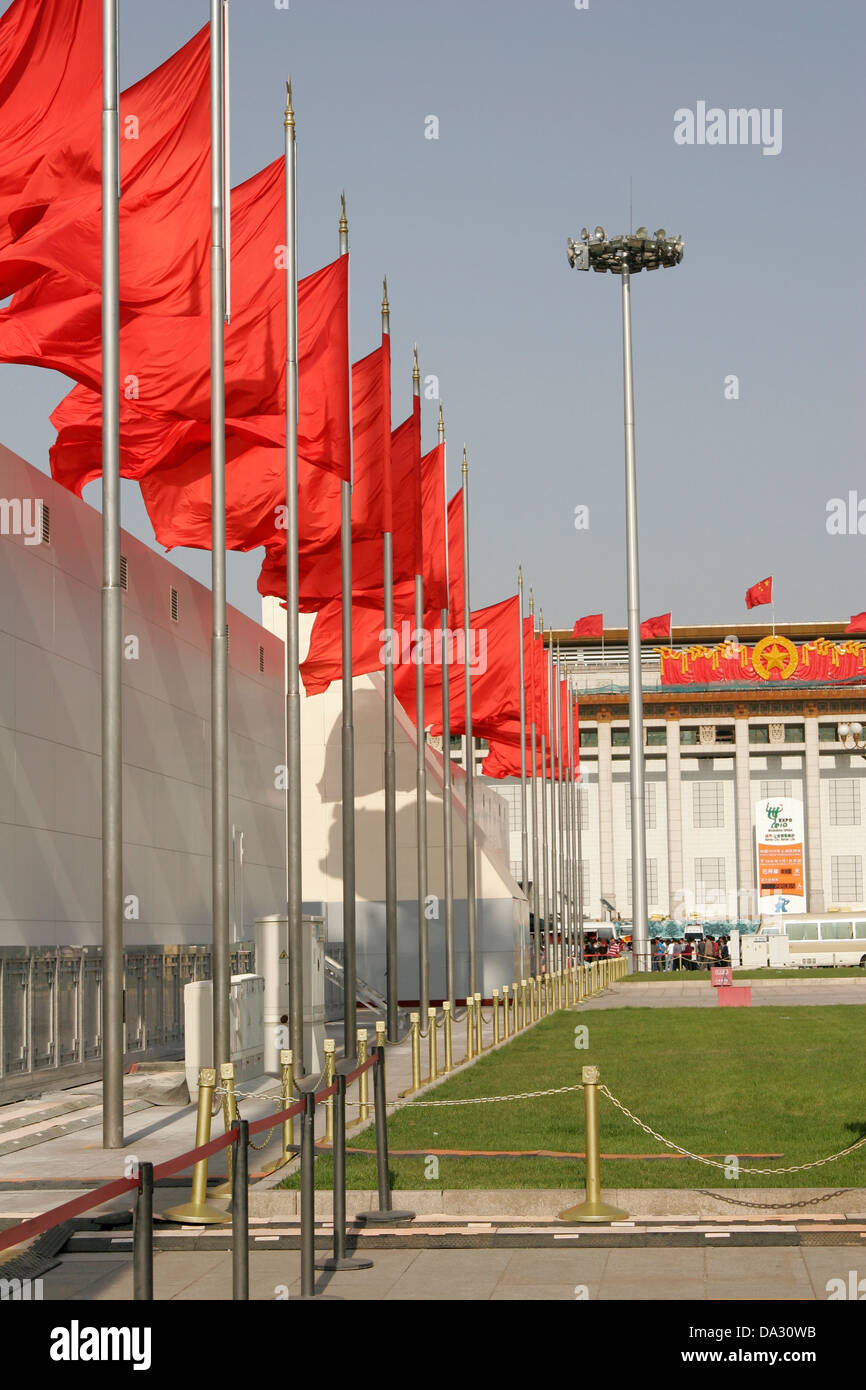 Tiananmen Square with red flags on the Labor Day 1st of May, Beijing, China Stock Photo